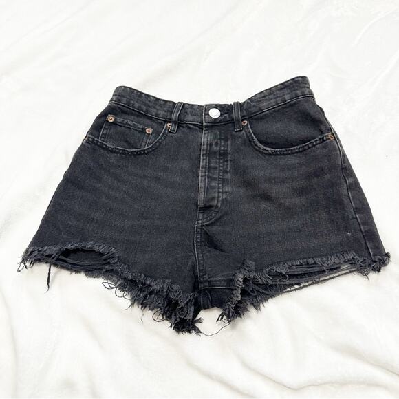 Zara Black Jean Shorts High-Waisted Distressed denim size 4 - Picture 1 of 7